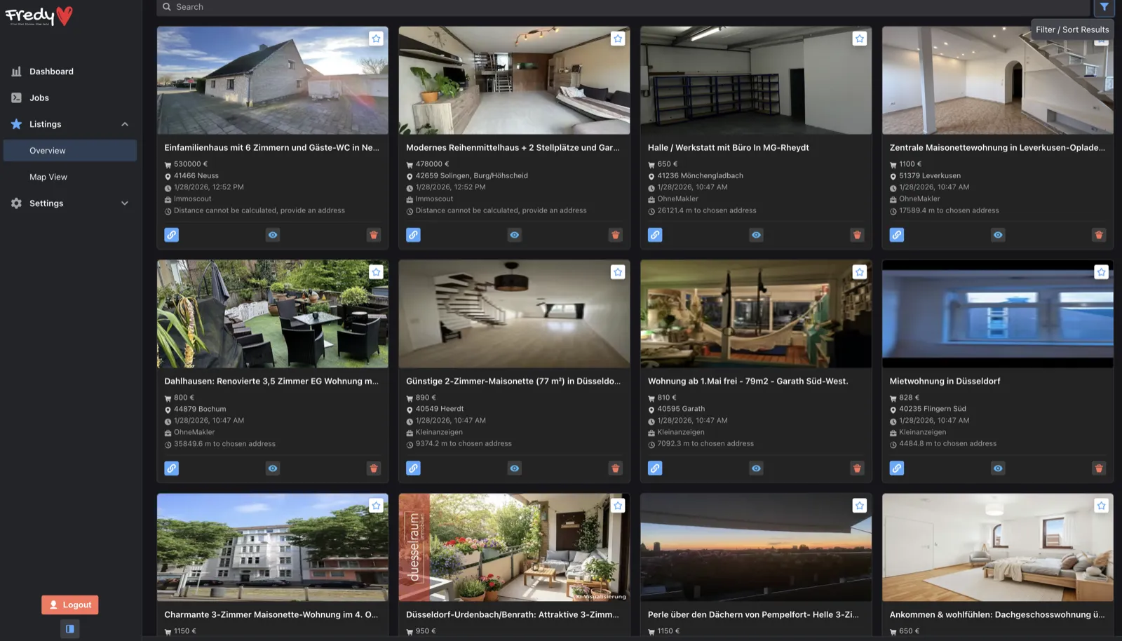 Fredy listings overview, a grid of property cards with photo, price, postcode, source portal and distance.