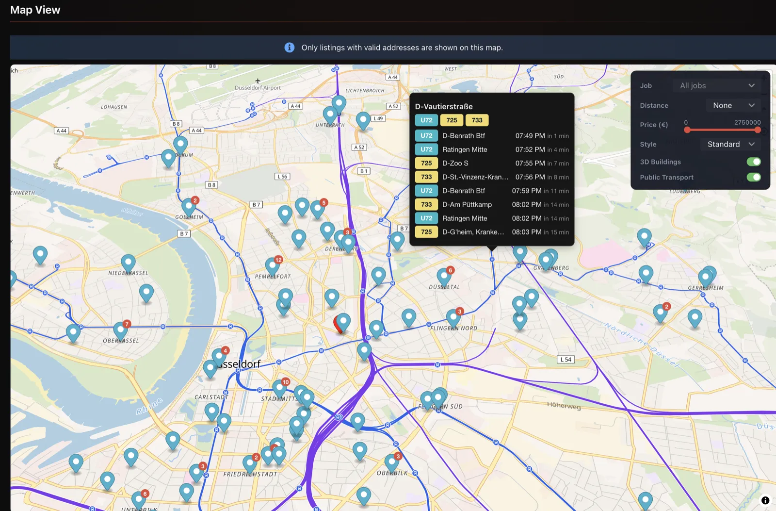 Fredy map view of Dusseldorf with listing pins, the public transport network drawn on top and a live departure board for a nearby stop.